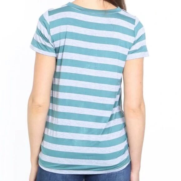 Green & Gray Uneven Striped Tie Front Short Sleeve Top - Picture 2 of 4